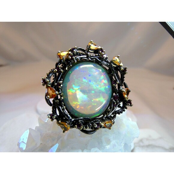 HUGE 17CT Ethiopian Welo Opal Citrine Sterling Silver Ring SZ 8 OOAK Statement - Picture 3 of 11